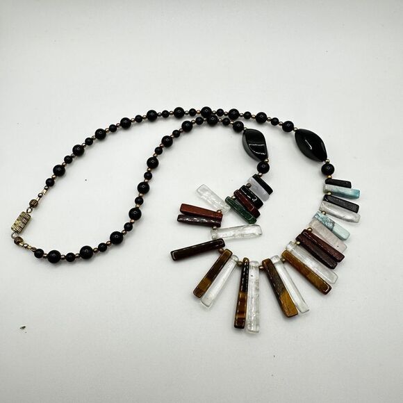20" VTG multi-gemstone bib-style with brass/antiqued gold tone beads necklace! - Picture 7 of 12